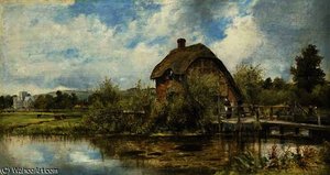 A Figure By A Mill Cottage In A River Landscape With A Village In The Distance, Traditionally Believed To Be Near Winchester, Hampshire — Frederick Waters (william) Watts