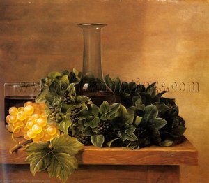 Johna laurents a still life with grapes and wines on a table