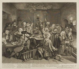 Plakette Sechs, Aus A Rake's Progress — William Hogarth, Satirische Druckgrafik