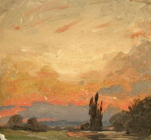 Trees, House And Red Sky — Sidney Herbert Sime