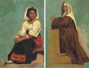 Costume Study Of A Seated Woman And Italian Costume Sketch Of A Kneeling Nun — Albert Bierstadt