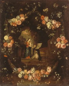 Madonna mit dem Kind und dem Heiligen Ildephons, eingerahmt von einem Blumenkranz
