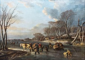 Sleigh Travelers On A River In Holland — Andries Vermeulen