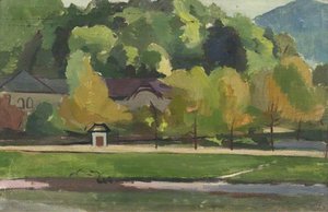 Building With A Wooded Hill Beyond And A Tree Lined Path In Front — Theodor Kern