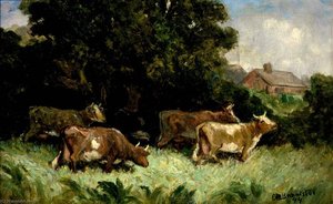 Untitled (five Cows In Pasture, Rooftop In Background) — Edward Mitchell Bannister, Impressionism