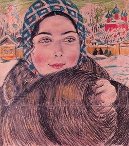 Girl In A Checkered Shawl — Boris Mikhailovich Kustodiev