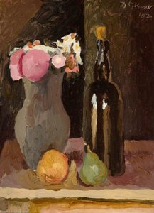 Still Life Of Flowers With Bottle And Fruit