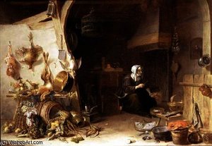A Kitchen Interior with a Servant Girl Surrounded by Utensils, Vegetables and a Lobster on a Platec