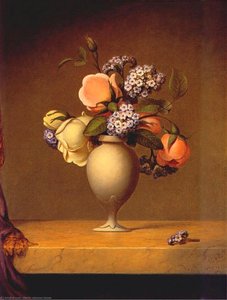 Roses And Heliotrope In Vase On Marble Tabletop — Martin Johnson Heade