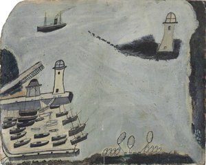 Harbour With Two Lighthouses And Motor Vessel, St Ives Bay — Alfred Wallis