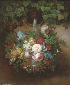 Roses, Irises, Morning Glory, Narcissi, Chrysanthemums And Two Butterflies, Under A Stone Fountain — Thomas George Webster