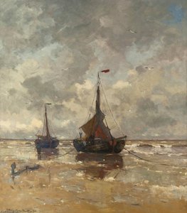Twee bomschuiten op het strand