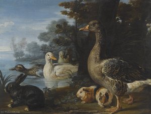 Ducks, Guinea Pigs And A Rabbit In A Wooded Landscape Beside A Lake — David De Coninck