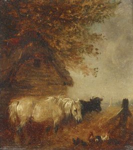 A Pony And Cow By A Shed — Edmund Bristow