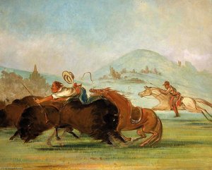 Batiste And I Running Buffalo, Mouth Of The Yellowstone — George Catlin