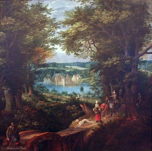 Landschap met waterburcht en jachttafereel