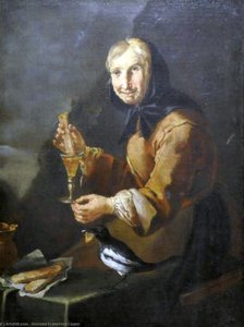 Old Woman With A Glass And A Magpie