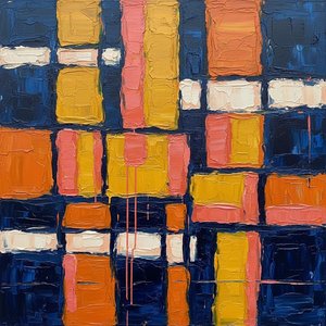 Fragmented Geometry In Navy And Ochre: A Monumental Study Of Sculptural Texture — Christian Noiret, Contemporary Abstract