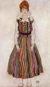 Portrait Of Edith Schiele In A Striped Dress — Egon Schiele, Expressionist Portraiture