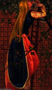 Woman Up A Ladder Smelling Blosso — Dante Gabriel Rossetti