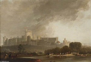 View Of Windsor Castle From The River, With Cattle, And Men On Horseback — Edmund Bristow