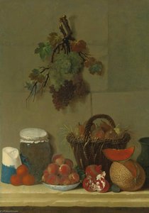 A Still Life With A Wheat Lined Basket Of Pears, A Jug, A Melon, A Bowl Of Peaches, Oranges, Cheese And A Jar Of Cherries On A Ledge, Bunches Of Grapes Hanging Above — Jacques Charles Oudry
