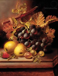 Grapes, Apples, Gooseberries, And A Strawberry On A Ledge — Oliver Clare
