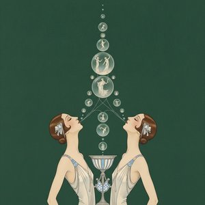 Ascending Orbs And Mirrored Figures In Forest Green — Valentin Laurent De Courcey, Art Deco