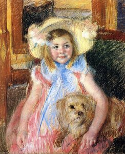 Sara In A Large Flowered Hat Looking Right Holding Her Dog — Mary Stevenson Cassatt