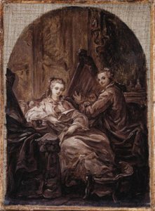 An Interior With A Man Playing A Harp And A Woman Reading Beside Him — Jean-baptiste Greuze