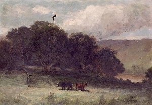 Untitled (landscape With Trees And Two Cows In Meadow), (painting) — Edward Mitchell Bannister