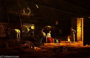 A Milkmaid, Farmhands And Plough Horses In A Barn — Jacques Laurent Agasse