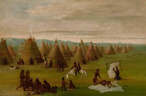Comanche Village, Women Dressing Robes And Drying Meat — George Catlin, Realism