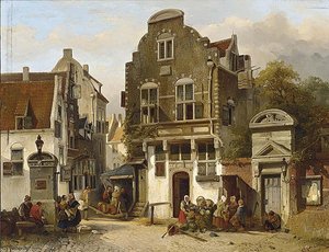 A Town Scene With Figures Near A Water Pump
