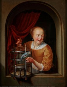 A Young Woman at a Window with a Parrot and a Birdcage