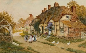 Children Playing Outside A Cottage In A Village — Arthur Claude Strachan