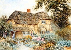 Girl With Doves Before A Cottage — Arthur Claude Strachan
