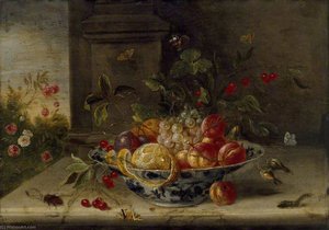 Decorative Still Life Composition with a porcelain Bowl, Fruit and Insects