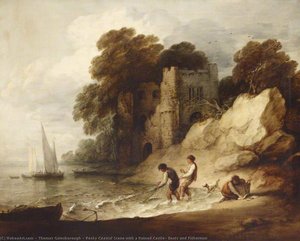 Rocky Coastal Scene With A Ruined Castle, Boats And Fishermen — Thomas Gainsborough, Romanticism