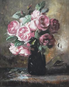 Frans Mortelmans-pink Roses In A Vase