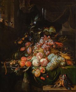Still Life With Plums, Peaches, Apricots, Grapes And A Melon — Abraham Mignon