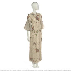 Evening dress in off-white plisse silk chiffon over white china silk with hand-painted meandering floral with boteh motif