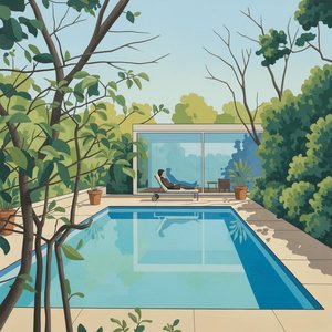 Serene Solitude Amidst the Architectural Grace of a Sunlit Verdant Oasis