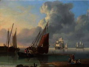 Unloading the catch at the end of the day, with merchantmen at anchor beyond