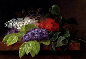 White And Purple Lilacs, Camellia And Beech Leaves On A Marble Ledge — Johan Laurentz Jensen