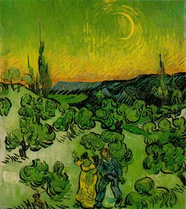 Landscape With Couple Walking And Crescent Moon — Vincent Willem Van Gogh, Post-impressionism