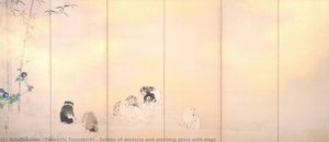 Screen of wisteria and morning glory with dogs
