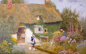 Girl And Kitten Before Cottage — Arthur Claude Strachan