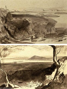 View Of Amaxichi And The Fort, Santa Maura; And View Of Corfu From The Benitza Road, Near Gastouri, Corfu — Edward Lear
