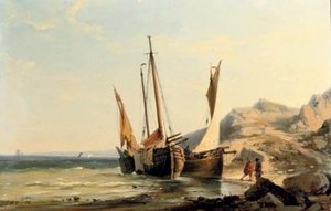 Boats Moored By A Rocky Beach — Johannes Hermann Barend Koekkoek